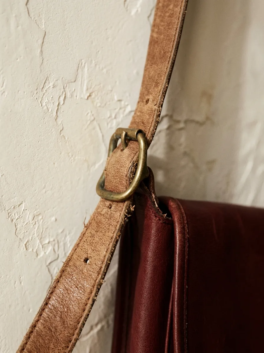 Illustration: close-up of a worn leather bag strap and brass buckle against plaster