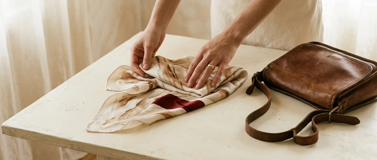 Illustration: hands folding a cream silk scarf beside a worn leather bag