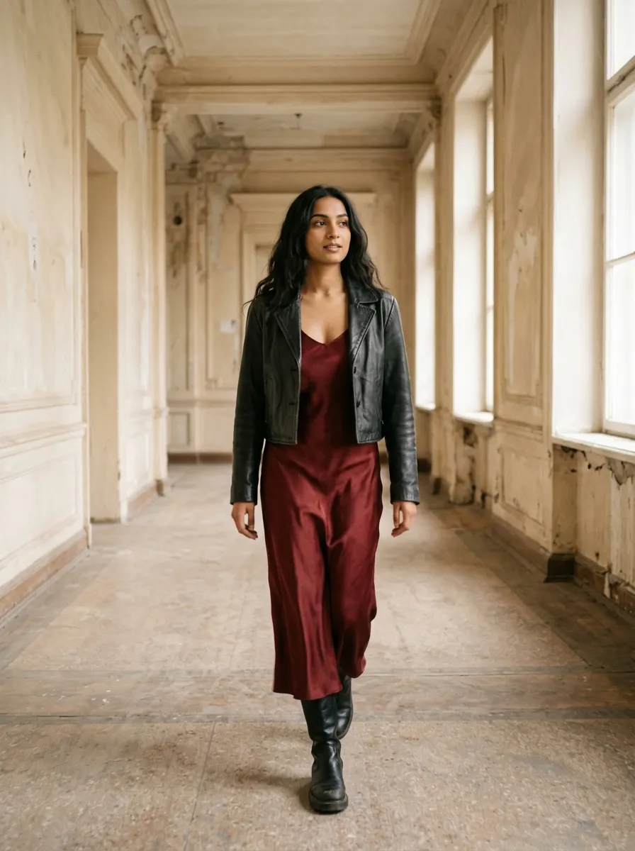 Illustration: a woman in an oxblood slip dress and cropped leather jacket walking down a pale corridor