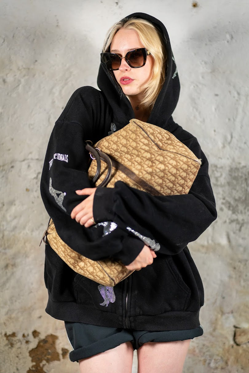 Embellished hooded sweat, holdall held close