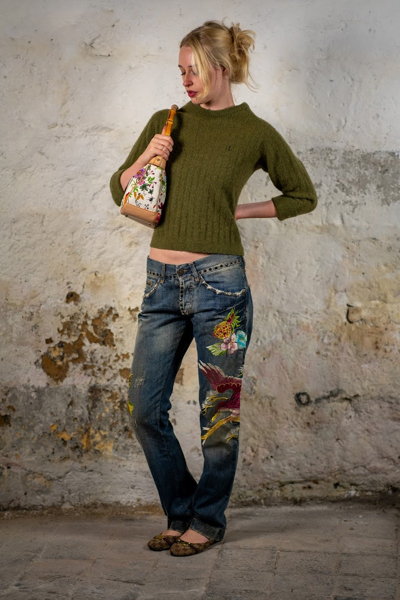 Olive mohair knit with embroidered jeans
