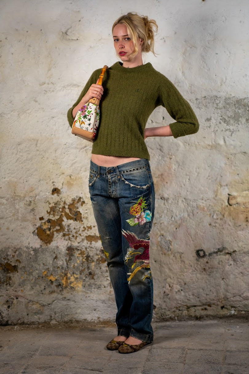 Olive mohair knit, standing